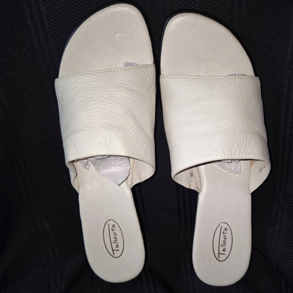 Talbots Wedge Slide‎ Sandals Womens 8.5 Ivory Leather Open Toe Brazil